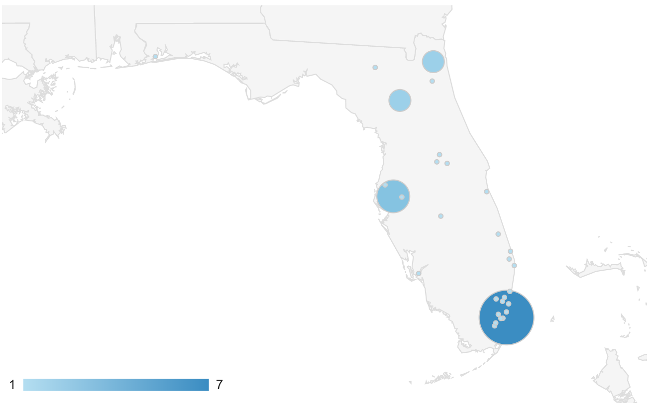 Map that shows that the majority of the users that use ChooseYourPlant in Florida are from Miami.