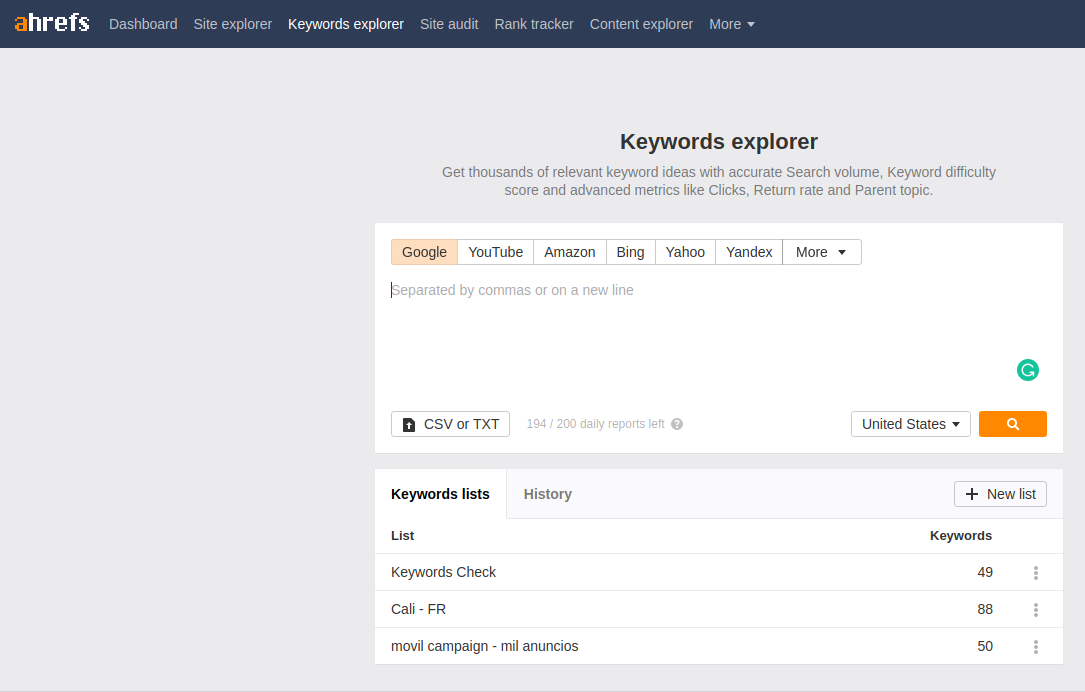 The home page of the Ahrefs' Keywords Searcher tool which allows you to choose what keywords you want to compare, in what countries and for what countries
