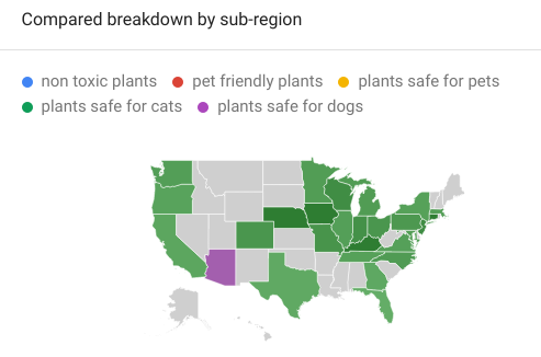 A map of the United States divided by states showing which keyword is the most used of "non-toxic plants", "pet-friendly plants", "plants safe for pets", "plants safe for cats", and "plants safe for dogs". The East Coast, West Coast, and the north-east area are the regions with more people using the search term "plants safe for cats"