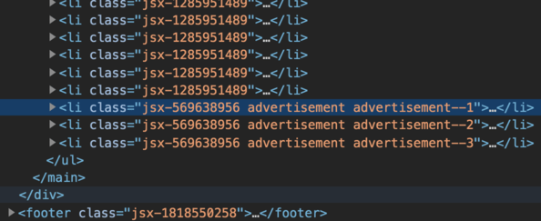 HTML code showing the advertisement nodes are at the end of the results list